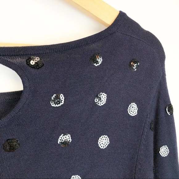 Saks Fifth Avenue Navy Blue Keyhole Sweater Sequin Polka Dot Long Sleeve Top S - Picture 4 of 5